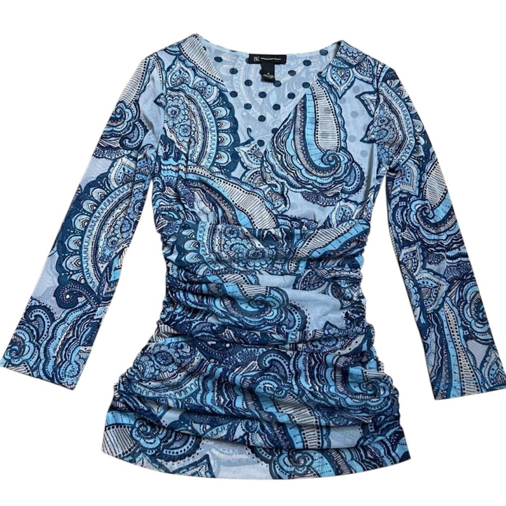 INC International Y2k Top Womens Small Blue Paisley Mesh Ruched V Neck